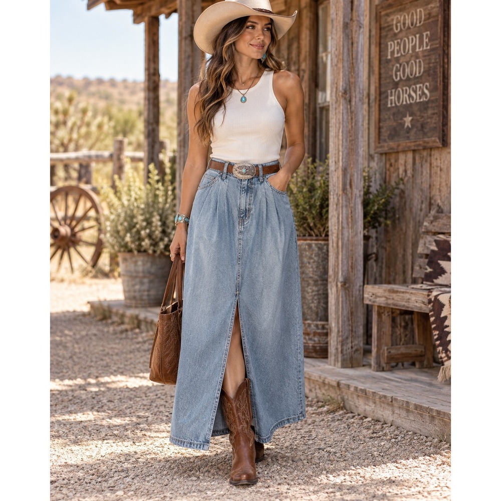 NWT Pilcro Anthropologie Women's Pleated Denim Maxi Skirt Size 14 boho western